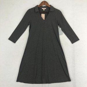 Como Vintage NWT Women's Size X-Small Black Grey Striped V-Neck Collared Dress